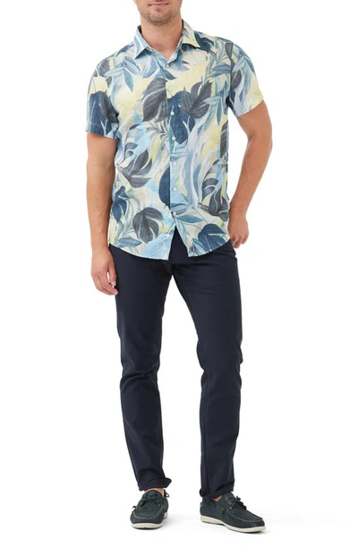 Rodd & Gunn Edwin Street Leaf Print Short Sleeve Linen Button-up Shirt In Lemon
