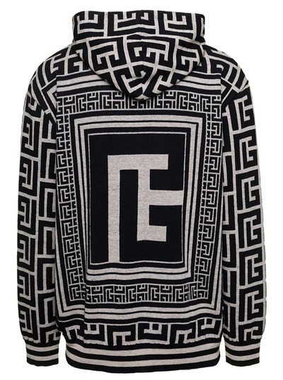 Shop Balmain Black And White Hoodie With Maxi Monogram In Jacquard Wool And Linen Blend Man