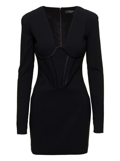 Shop Versace Black Corset Mini Dress In Crêpe Georgette Woman