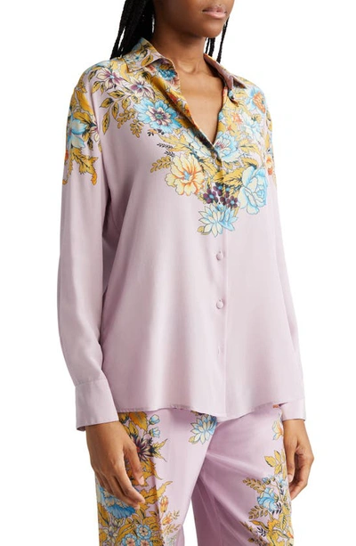 Shop Etro Floral Silk Button-up Shirt In Print On Purple Base