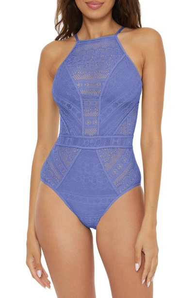 Shop Becca Colorplay Lace Overlay One-piece Swimsuit In Cornflower