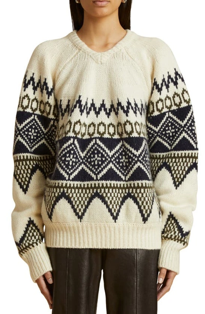 Shop Khaite Nalani Fair Isle Cashmere V-neck Sweater In Ivory Multi