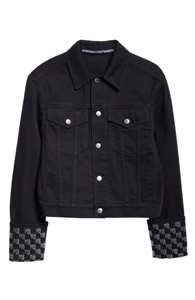 Shop Alexander Wang Crystal Logo Cuff Denim Trucker Jacket In Washed Black