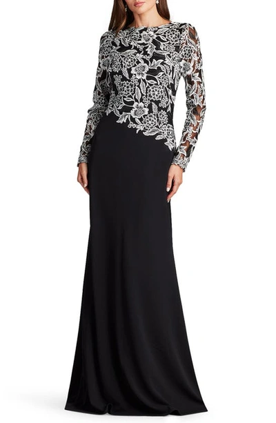 Shop Tadashi Shoji Sequin Lace Long Sleeve Crepe Gown In Ivory/ Black