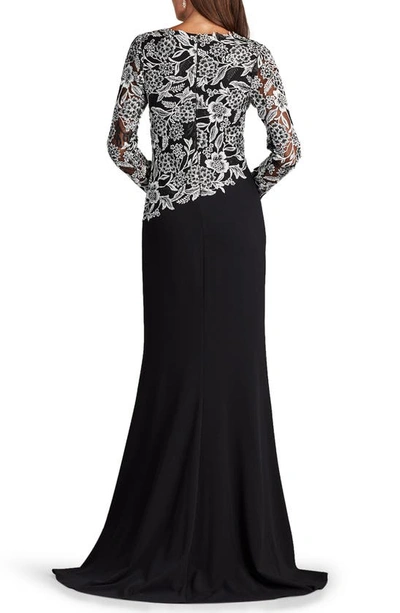 Shop Tadashi Shoji Sequin Lace Long Sleeve Crepe Gown In Ivory/ Black