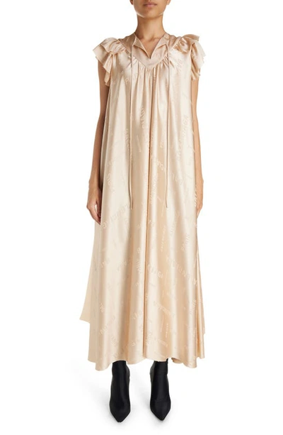 Shop Balenciaga Flutter Sleeve Jacquard Logo Silk Oversize Dress In Champagne Beige