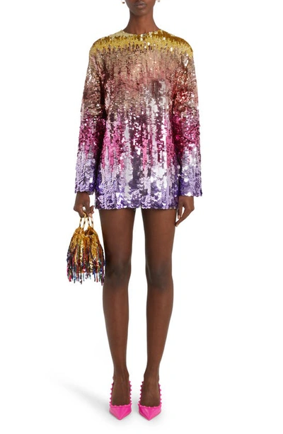 Shop Valentino Gradient Sequin Long Sleeve Minidress In Yellow Multicolor.