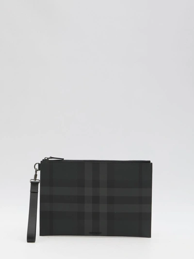 Shop Burberry Check Large Pouch In Grey