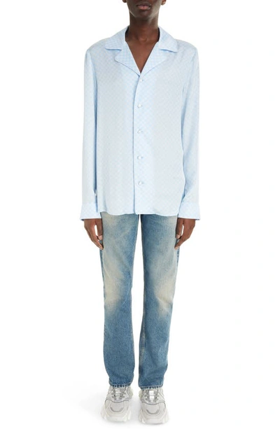 Shop Balmain Mini Monogram Satin Button-up Shirt In Sll Pale Blue/ Multi