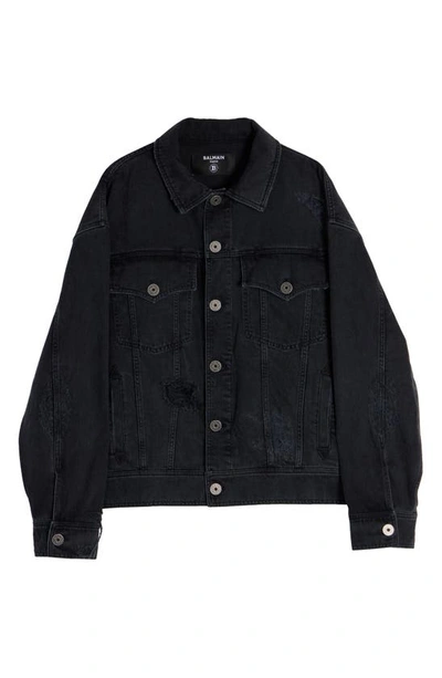 Shop Balmain Rip & Repair Denim Jacket In 0pc Washed Black