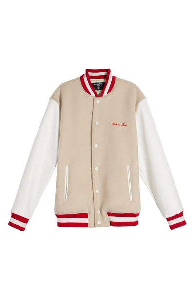 Shop Balmain Signature Mixed Media Virgin Wool & Faux Leather Varsity Jacket In Ivory/ Multi