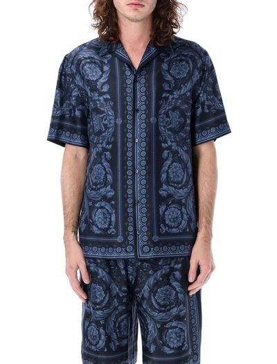 Shop Versace Barocco Silk Shirt In Navy Blue