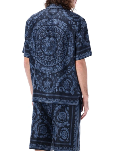 Shop Versace Barocco Silk Shirt In Navy Blue