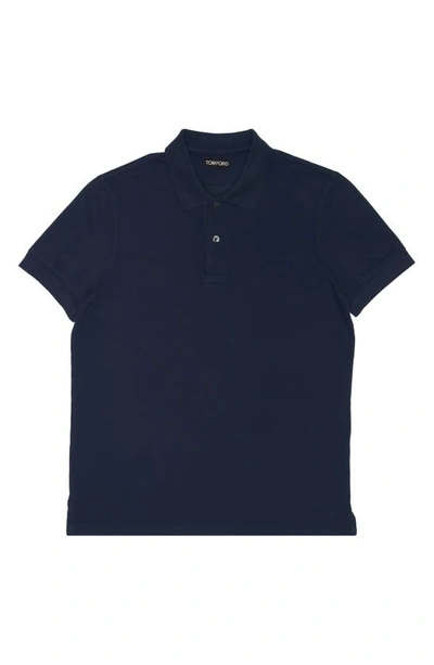 Tom Ford Blue Polo T-shirt With Embroidered Tone On Tone Logo In Cotton Man In Ink