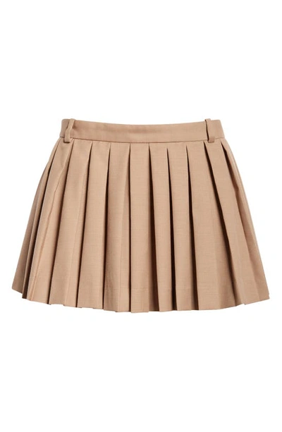 Shop Sandy Liang Poko Eyelet Inset Pleated Wool Blend Miniskirt In Taupe
