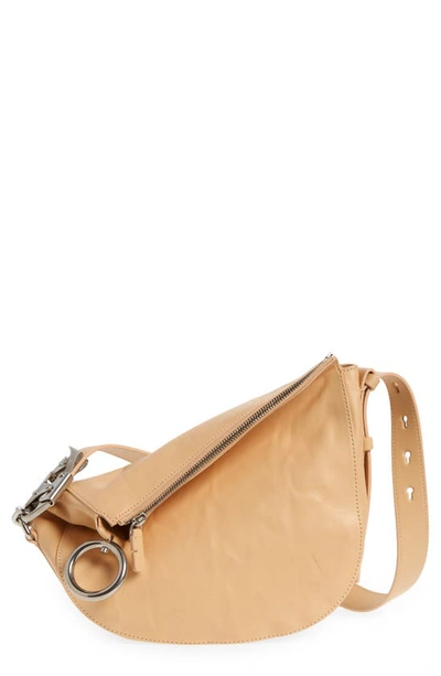 Shop Burberry Small Knight Asymmetric Crinkle Leather Shoulder Bag In Beige
