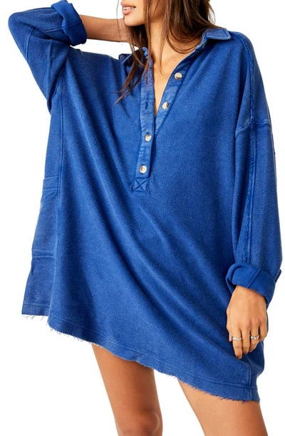 Shop Free People Wilder Oversize Long Sleeve Cotton Polo In Rinsed Cobalt