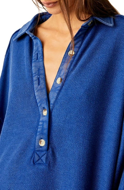 Shop Free People Wilder Oversize Long Sleeve Cotton Polo In Rinsed Cobalt