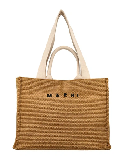Shop Marni Raffia Large Tote Bag In Raw Sienna