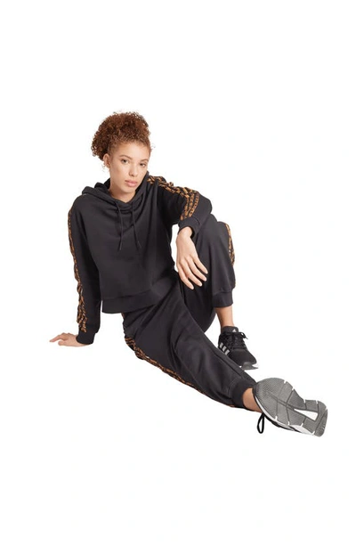 Shop Adidas Originals 3-stripes Leopard Print Crop Pullover Hoodie In Black/ Magic Beige