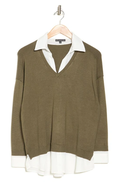 Shop Adrianna Papell Twofer Sweater In Oak Olive/ Ivory