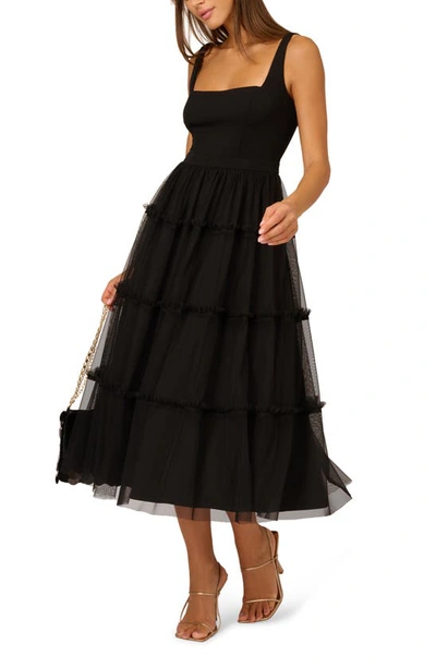Shop Adrianna Papell Mesh Overlay Tiered Midi Cocktail Dress In Black