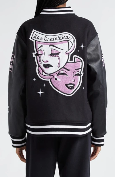 Shop Bella Dona Dramaticas Wool Blend Varsity Jacket In Black