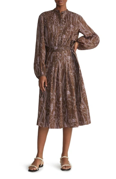 Shop Lafayette 148 Floral Print Pleated Long Sleeve Gemma Cloth Voile Midi Dress In Deep Acorn Multi
