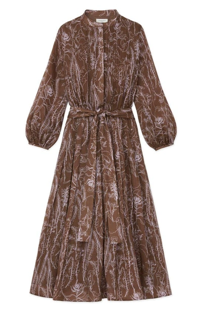 Shop Lafayette 148 New York Floral Print Pleated Long Sleeve Gemma Cloth Voile Midi Dress In Deep Acorn Multi