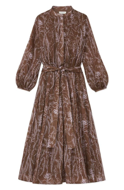 Shop Lafayette 148 Floral Print Pleated Long Sleeve Gemma Cloth Voile Midi Dress In Deep Acorn Multi