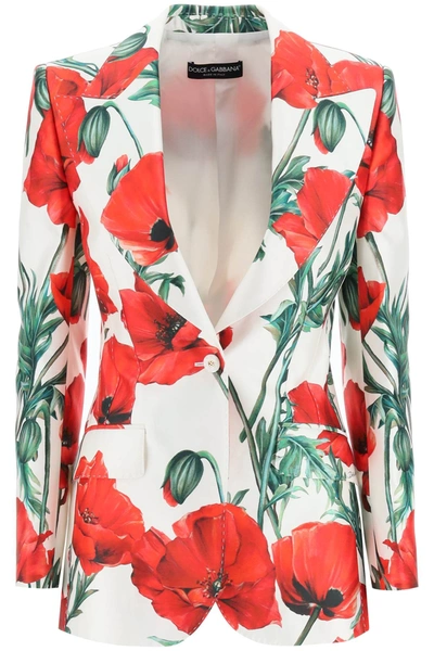 Shop Dolce & Gabbana Poppy Print Shantung Turlington Jacket In White, Red, Green