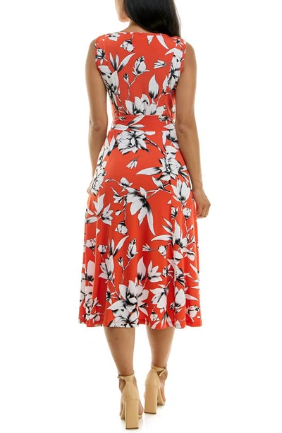 Nina Leonard Crewneck Sleeveless Midi Dress In Bright Orange/ Ivory