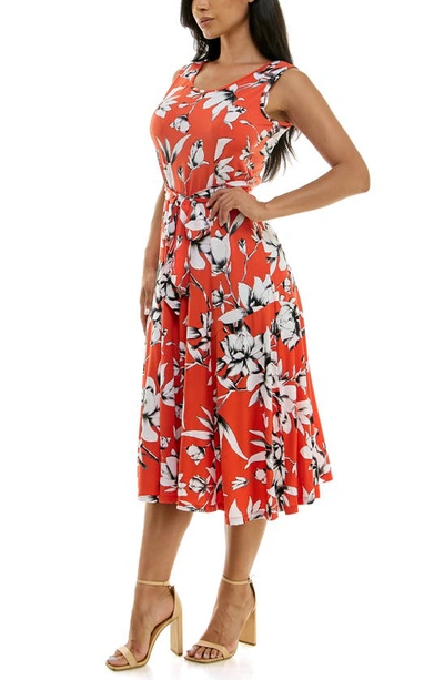 Nina Leonard Crewneck Sleeveless Midi Dress In Bright Orange/ Ivory