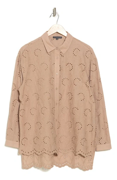 Shop Adrianna Papell Eyelet Button-up Shirt In Soft Latte