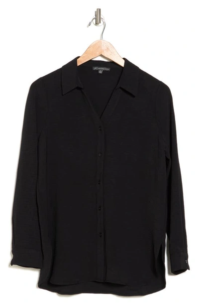 Shop Adrianna Papell Solid Long Sleeve Button-up Shirt In Black