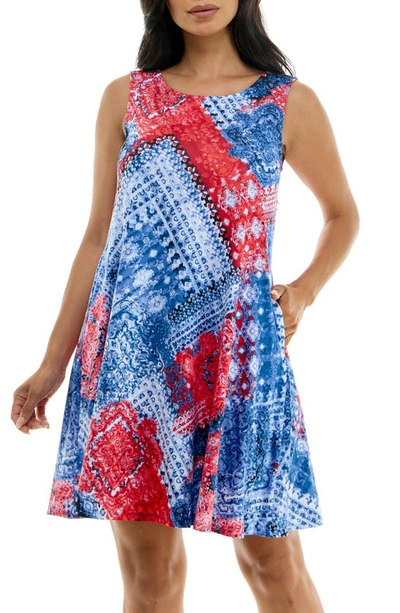 Shop Nina Leonard Scoop Neck Sleeveless Dress In Blue/ Red Multi