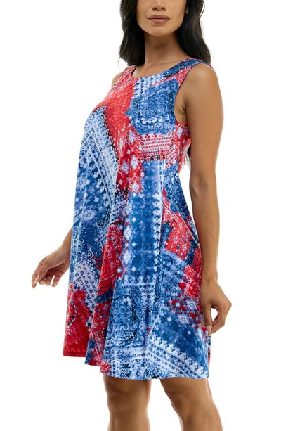 Shop Nina Leonard Scoop Neck Sleeveless Dress In Blue/ Red Multi