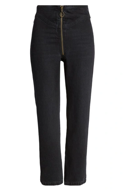 Shop Frame The Zip Up High Waist Ankle Straight Leg Jeans In Lunar