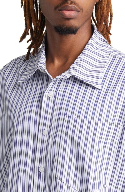 Shop Checks Stripe Boxy Fit Short Sleeve Button-up Shirt In White/ Blue