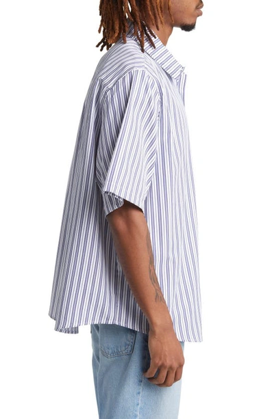 Shop Checks Stripe Boxy Fit Short Sleeve Button-up Shirt In White/ Blue
