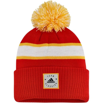 Shop Adidas Originals Adidas Red Calgary Flames Team Classics Striped Cuffed Knit Hat With Pom