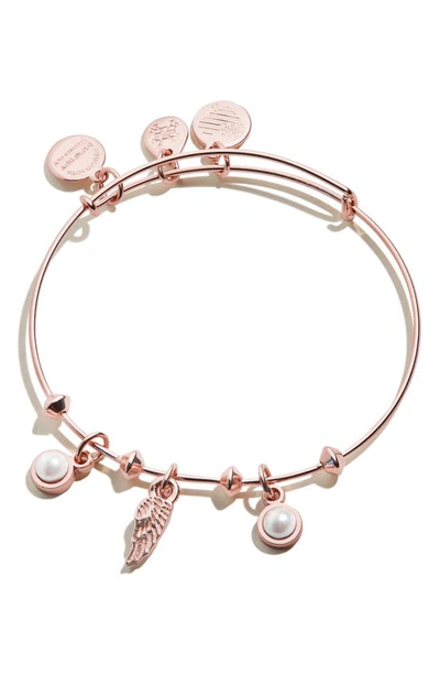 Shop Alex And Ani Angel Wing & Simulation Pearl Expandable Wire Bangle In Shiny Rose Gold