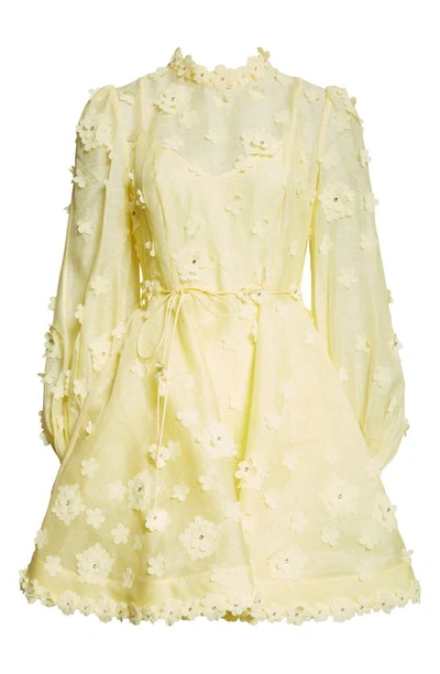 Shop Zimmermann Matchmaker Floral Appliqué Long Sleeve Linen & Silk Organza Minidress In Lemon