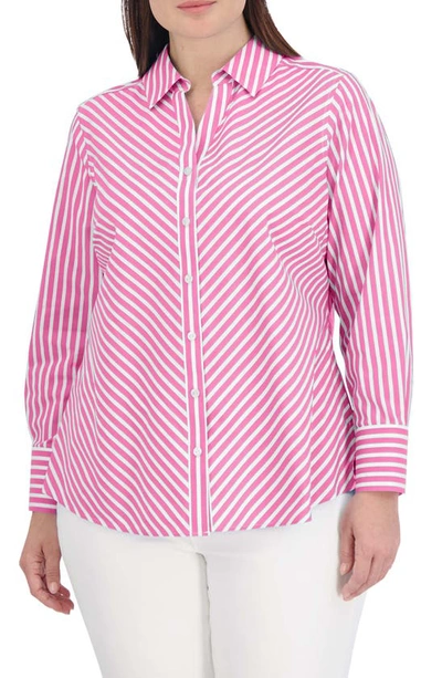 Shop Foxcroft Mary Stripe Stretch Button-up Shirt In Azalea
