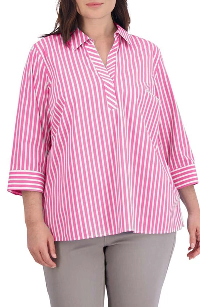 Shop Foxcroft Sophia Stripe Three-quarter Sleeve Stretch Button-up Shirt In Azalea
