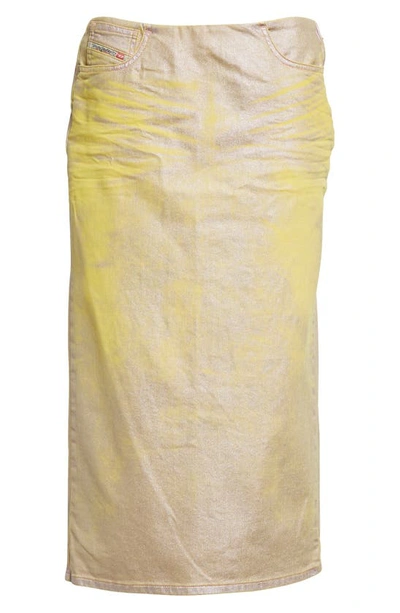 Shop Diesel De-pra-s2 Laminated Denim Midi Skirt In Yellow