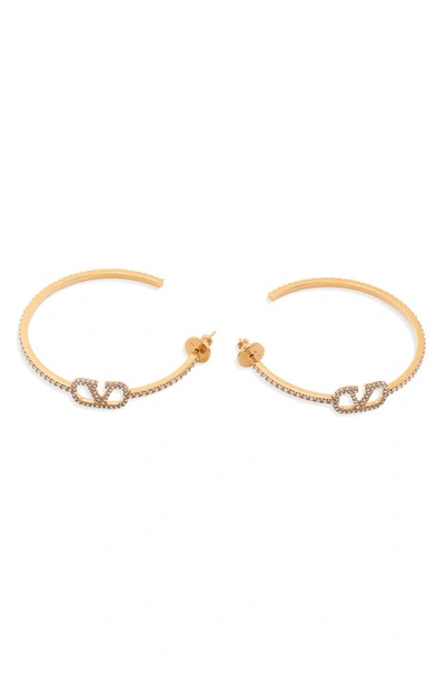 Shop Valentino Vlogo Crystal Pavé Hoop Earrings In Mh5 Oro 18/ Crystal