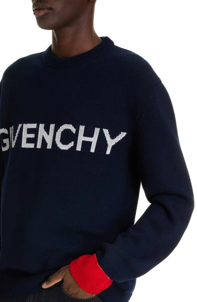 Shop Givenchy Logo Intarsia Crewneck Sweater In Navy/ Red