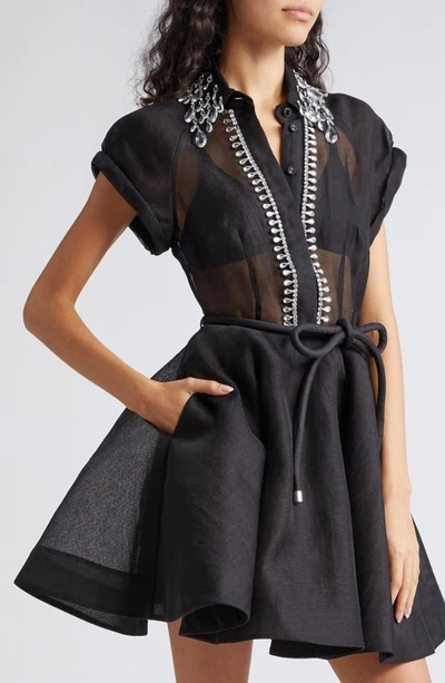 Shop Zimmermann Matchmaker Crystal Embellished Belted Linen & Silk Organza Minidress In Black