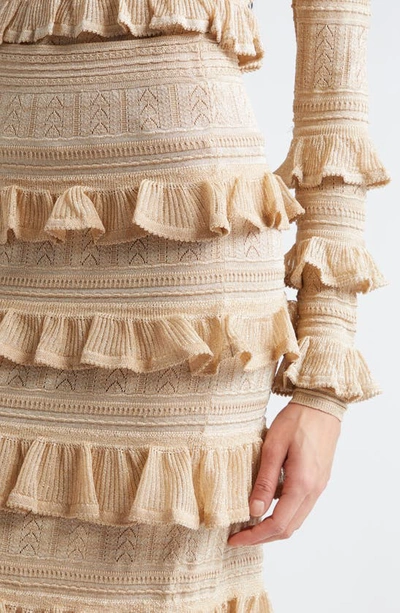Shop Zimmermann Matchmaker Ruffle Metallic Pointelle Sweater Skirt In Gold Lurex